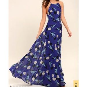 Lulus Royal Blue Floral Print Lace-Up Maxi Dress